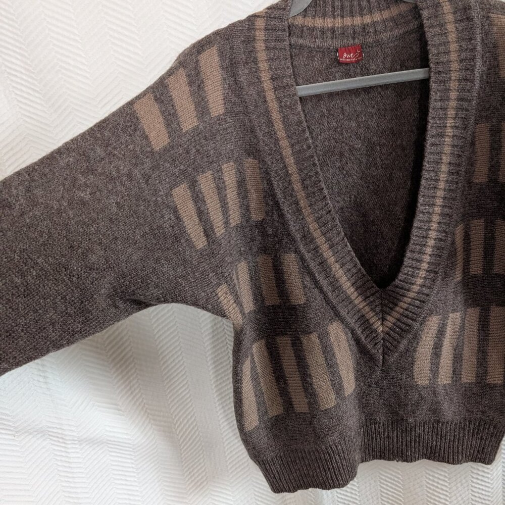 Vintage Shetland Wool Brown Sweater Deep V Neck Large Grandpa Academia Preppy - Picture 7 of 10
